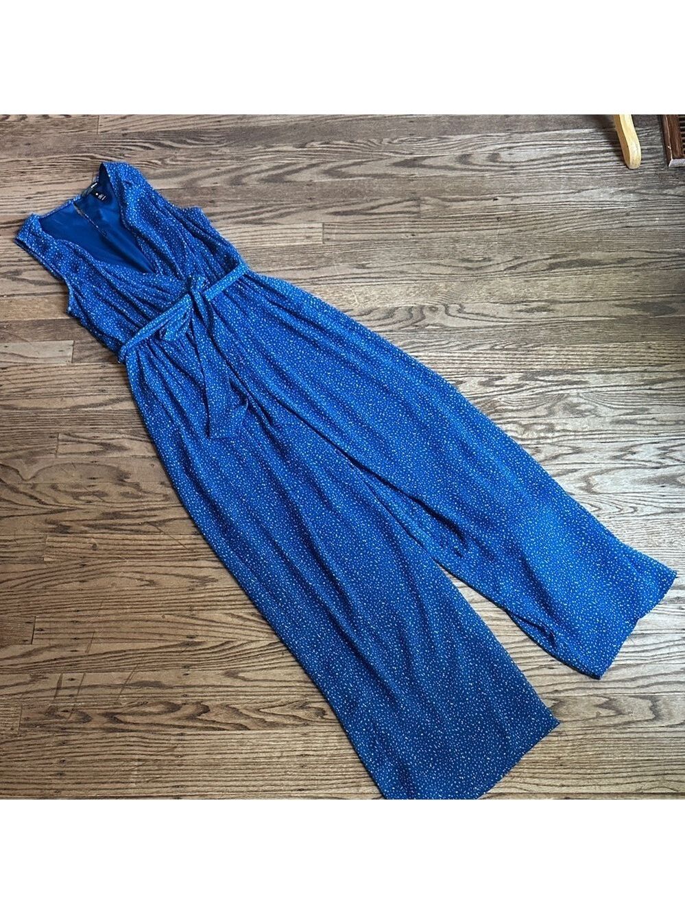 Aqua Sheer Jumpsuit Lined V neck Blue and White Medium EUC